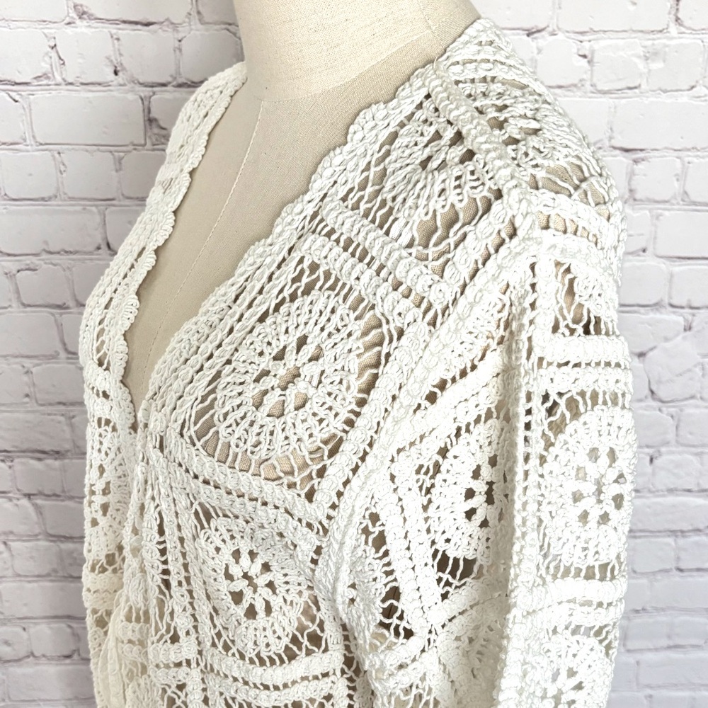 SOLITAIRE 3/4 Sleeve Ivory Boho Crochet Cardigan or Beach Cover-Up--NWT--S - Picture 3 of 15